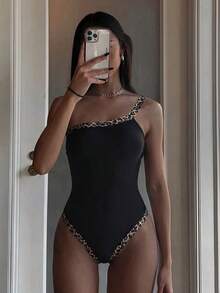 Swim SPRTY New Summer Women's One-Shoulder Sleeveless Black Leopard Print Random Pattern Colorblock Casual Vacation One-Piece Swimsuit, Beach Outfit For Swimming, Pool And Beach - Black - View 6