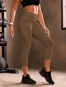 Powerista Women's Solid Color High Waist Daily Fitness Capris Sports Leggings - Brown - View 3