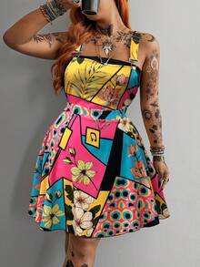 Whyspr Plus Size Spring Summer Multi-Color Patchwork Strap Dress - Multicolor - View 3