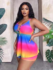 Maweii Summer Beach Plus Size Ombre Lace Up Front Swim Dress - Multicolor - View 4