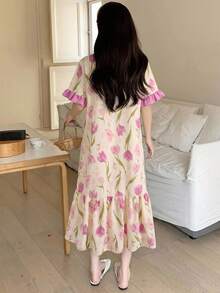 SHEIN Casual Vacation Tulip Floral Print Short Sleeve Ruffle Hem Long Dress For Tween Girl - Multicolor - View 3