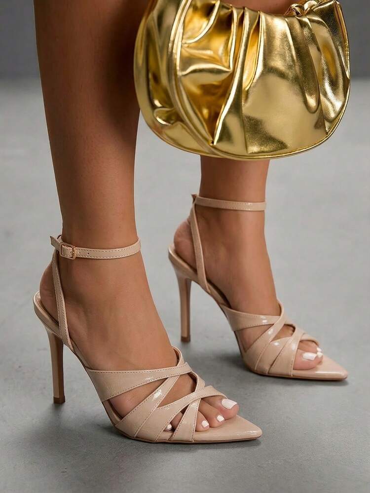 CUCCOO SZL Women Shoes Apricot PU Hollow Design Ankle Strap Fashionable Sexy Pointed Stiletto Sandals
