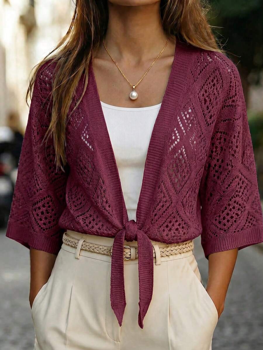SHEIN Holidaya Women's Summer Solid Color 3/4 Sleeve Hollow Waist Knot Knit Cardigan - Red Violet - View 1