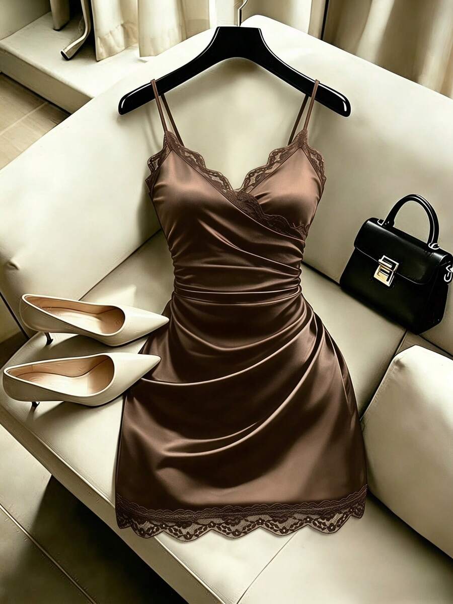 SHEIN Franclia 女款優雅素色蕾絲飾邊細肩帶洋裝,適合夏季 - 棕色 - 查看 1