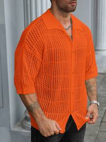Manfinity Homme Men's Plus Size Solid Color Short Sleeve Single Breasted Casual Knit Cardigan Vacation Orange Red Summer Vacation Vacation - Orange - View 3