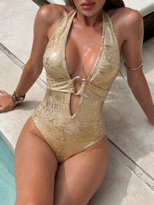 Bonvoyette 女款夏季海灘度假掛脖綁帶深V領金屬裝飾性感一件式泳衣 - 金色 - 查看 4