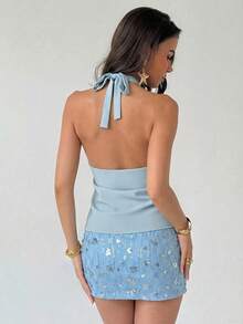 - Top sin espalda con cuello halter y minifalda con purpurina para mujer joven, ideal para festivales de música, color dorado claro - Celeste - Ver 2