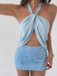 - Top sin espalda con cuello halter y minifalda con purpurina para mujer joven, ideal para festivales de música, color dorado claro - Celeste - Ver 3