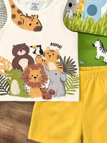 6pcs/Set Baby Boy Outfit, Cute & Lively Forest Animal Print Vest Top Paired With Matching Animal Print Shorts, Fashionable Summer Outfit - Multicolor - View 7