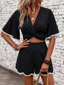 SHEIN Clasi Plus Size Women's Knot Design Ruffle Sleeve Shirt And Shorts 2 Pieces Set - Black - View 4