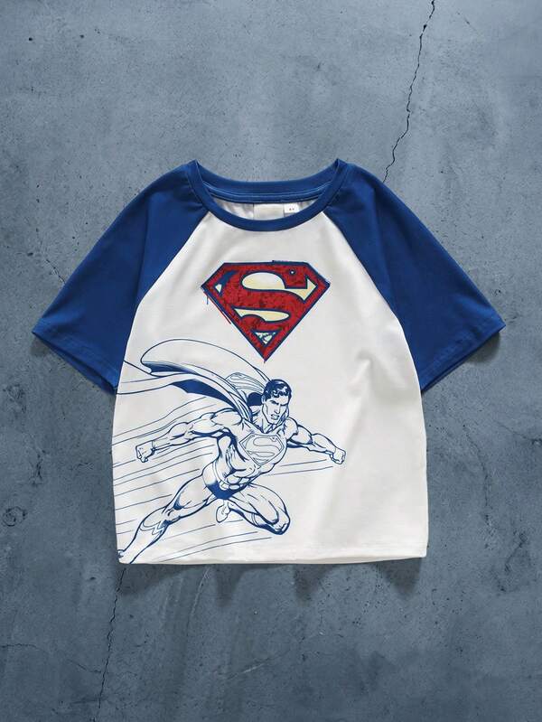 SUPERMAN X SHEIN Young Boy Cartoon Character Print Raglan Short Sleeve Casual T-Shirt