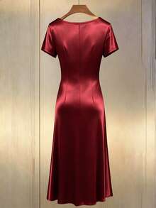 Franclia Plus Size Women Elegant Ruched Pearl Button Decor Short Sleeve Fishtail Dress, Spring/Summer Cocktail Burgundy - Red - View 2
