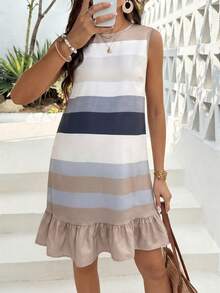 SHEIN Maternity Striped Round Neck Ruffle Hem Casual Sleeveless Dress - Grey - View 6