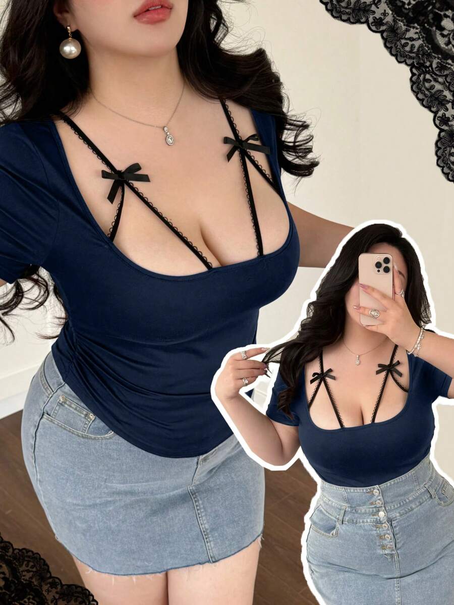 Vibekara Spring, Summer, Fall, New Sweet Vacation, Elegant, Going Out Tops, Bow, Knit Fabric Spliced With Mesh Fabric Lace Trim U-Neck Short Sleeve Top Women's T-Shirt Slimming Cross Tie Bow Decoration Lace Top - Navy Blue - View 1