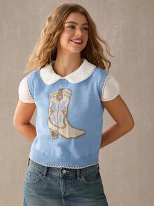 WESTFADE Cowboy Boot Contrast Stitch Sweater Vest Tops, 4th Of July, Country Style For Women - Baby Blue - View 5