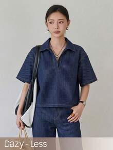 Dazy-Less 女士条纹短袖T恤和纽扣口袋牛仔裤套装，春夏款 - 藍色 - 查看 6