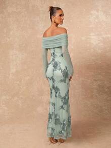 Lumalex Elegante vestido largo de malla floral verde salvia, vestido maxi con escote Bardot sin hombros y apliques 3D, vestido de invitada de boda de verano con un solo hombro para mujeres, de lujo - verde menta - Ver 3
