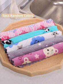 SHEIN 5Pcs 16cm*27cm Cartoon Pattern Cleaning Rags, Absorbent And Easy To Clean Multifunctional Kitchen Rags, Suitable For Kitchen, Bathroom, Toilet, Household Items, Random Colors - Multicolor - View 12
