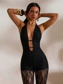 Opulessa Mono de verano con escote halter y espalda descubierta de unicolor y encaje a crochet para mujer, para primavera/verano y vacaciones - Negro - Ver 5