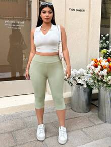 Muchica Sage Green Tight-Fitting Capri Length Plus Size Leggings For Spring/Summer Vacation Gym Casual - Mint Green - View 4