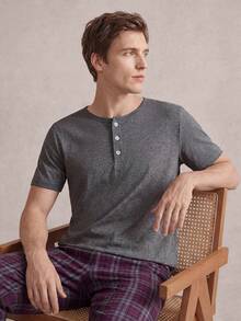 EverLounge Men's Solid Color Crew Neck Short Sleeve Top And Plaid Long Pants Casual Daily Homewear Set - Dark Grey - View 3
