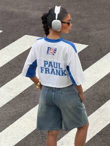 Muchica Paul Frank X SHEIN 女款夏季短袖V領IP聯名配色字母印花休閒短版落肩袖T恤，適合世界盃、比賽日、運動休閒、大學穿搭、畢業季、開學季、度假季 - 彩色 - 查看 2