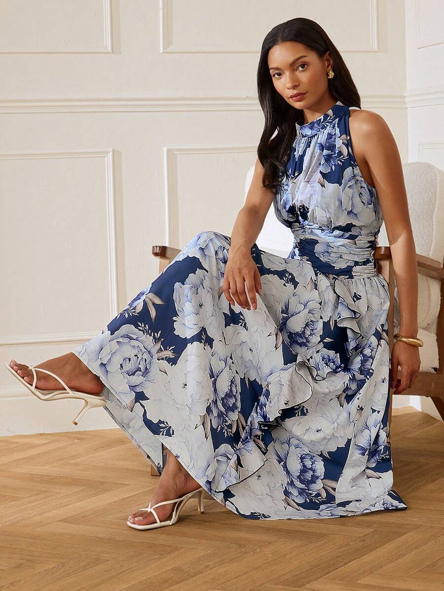 Lilora Women's Elegant Romantic Floral Halter Neck Midi Dress High-End Versatile Casual Mother Of The Bride Party Summer Wedding Navy Blue Floral - Multicolor - View 1
