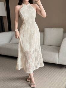 Feyla Women's Summer Elegant Solid Color Jacquard Halter Neck Midi Dress - Apricot - View 8