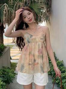 DAZY 女款度假休閒夏季全花卉印花寬鬆長袖圓領襯衫 - 粉色 - 查看 5