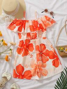 Tween Girl Floral Print Ruffle Hem Camisole Romper - Orange - View 2