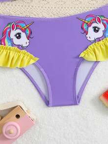 SHEIN Young Girl Beach Vacation Unicorn Print Bow Decor Swimsuit Set - Purple - View 6