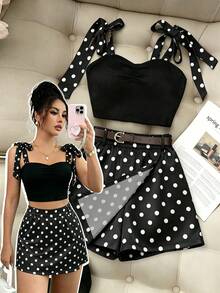 SHEIN Franclia 女款波點肩結上衣與裙褲休閒日常兩件套 - 黑色 - 查看 1