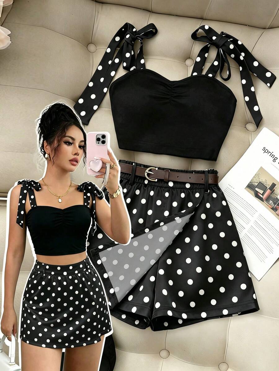 SHEIN Franclia 女款波點肩結上衣與裙褲休閒日常兩件套 - 黑色 - 查看 1