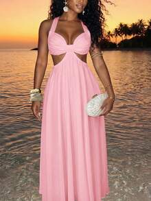 Slaydiva Vacation Beach Solid Color Backless Halter Neck Dress - Pink - View 3