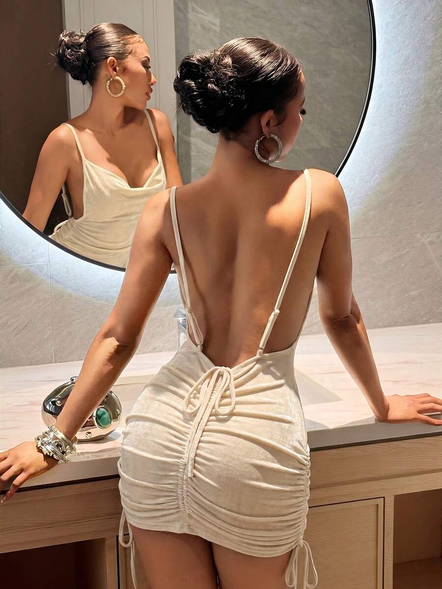 Slaydiva Summer Spaghetti Strap Draped Neck Backless Drawstring Ruched Shiny Chiffon Bodycon Mini Dress - Green - Apricot - View 1
