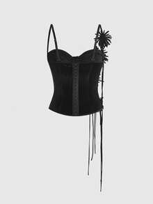 ROMWE Goth Summer Sexy Retro 3D Floral Low Cut Fitted Women's Tank Top - Black - View 2