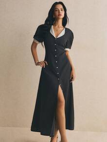 Poéselle Women's Summer Elegant Polka Dot Print Front Button Dress Party Black And White Polka Dot - Black - View 5