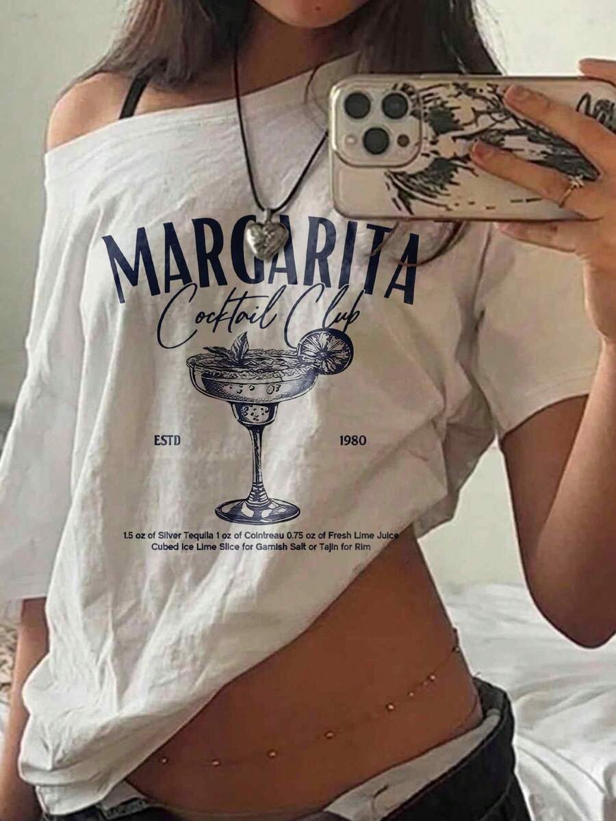SHEIN EZwear 休閒極簡藝術英文杯圖案露肩落肩短袖寬鬆女款T恤,通勤、音樂節、海灘、度假、夏季 - 彩色 - 查看 1