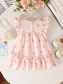 SHEIN Infant & Baby GirlFloral Print Dress With Bow Decoration, Cute Style Suitable For Daily Wear, Outings And Photo Shoots - Pink - View 3