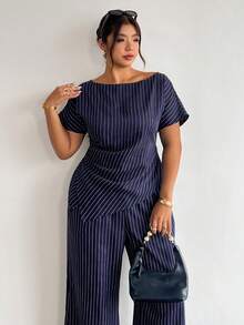 Firerie Plus Size Women's Striped Top And Long Pants Casual Everyday Set Fall/Winter - Navy Blue - View 9