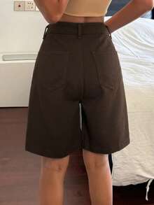 Livesso 女款豹紋牛仔棉短褲 夏季休閒街頭風 深棕色 旅行 - 咖啡棕 - 查看 2