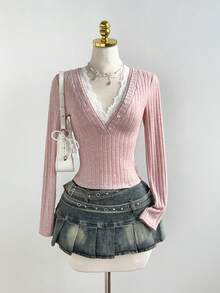 Elamini Cute & Sweet Textured Lace Splice Deep V Slim Fit Long Sleeve T-Shirt, Spring - Pink - View 3