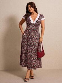 Elaquor Plus Size Summer Short Sleeve V-Neck Random Print Vacation Style Dress - Multicolor - View 7