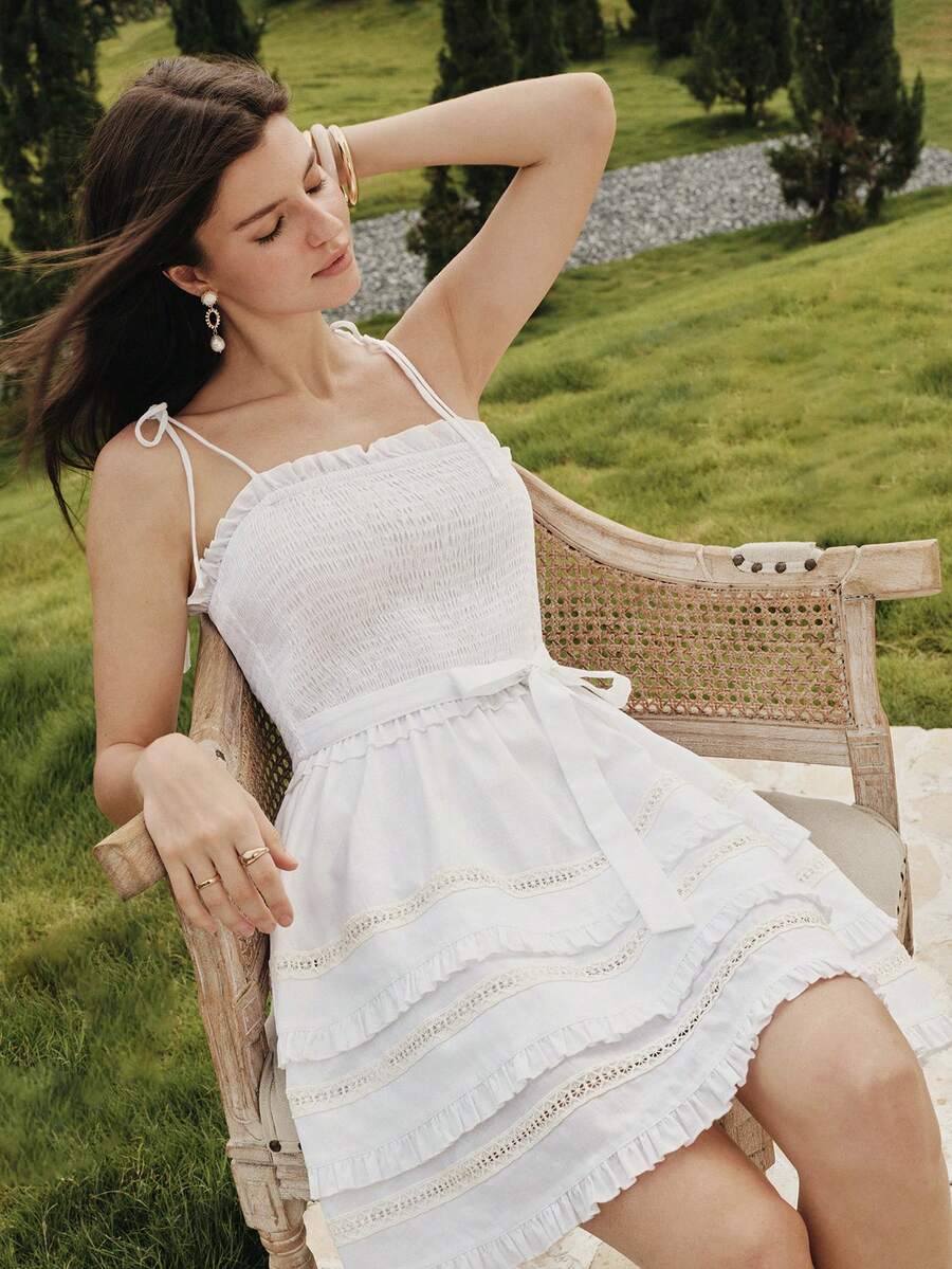 MOTF PREMIUM WOMEN'S ELEGANT HOLLOW LACE MULTI-LAYER RUFFLE SHORT CAMI DRESS - White - View 1