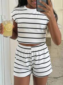 SHEIN 2pcs Tween Girls' Fashionable Striped Round Neck Short Sleeve Top And Shorts Set, Suitable For Outdoor, Playing, And Casual Outings In Summer - Multicolor - View 6