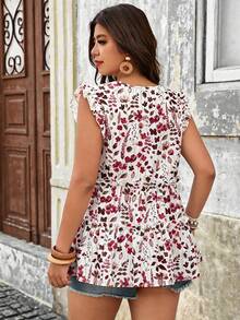EMERY ROSE Blusa de talla grande tejida con estampado floral, cuello en V, mangas volantes, volantes y patchwork, elegante, para vacaciones, salidas, uso diario, primavera/verano - Rojo - Ver 2