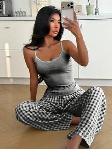 ZzzCrew Women's Fresh Striped Top And Plaid Long Pants Pajama Set - Black and White - View 6