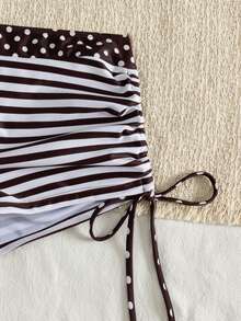 Swim Vcay 女款復古海灘度假兩件式比基尼套裝：掛脖上衣搭配棕色與白色條紋及波點拼接，搭配抽繩男孩短褲。泳池派對比基尼、水上樂園泳衣、保守遮蓋比基尼 - 彩色 - 查看 8