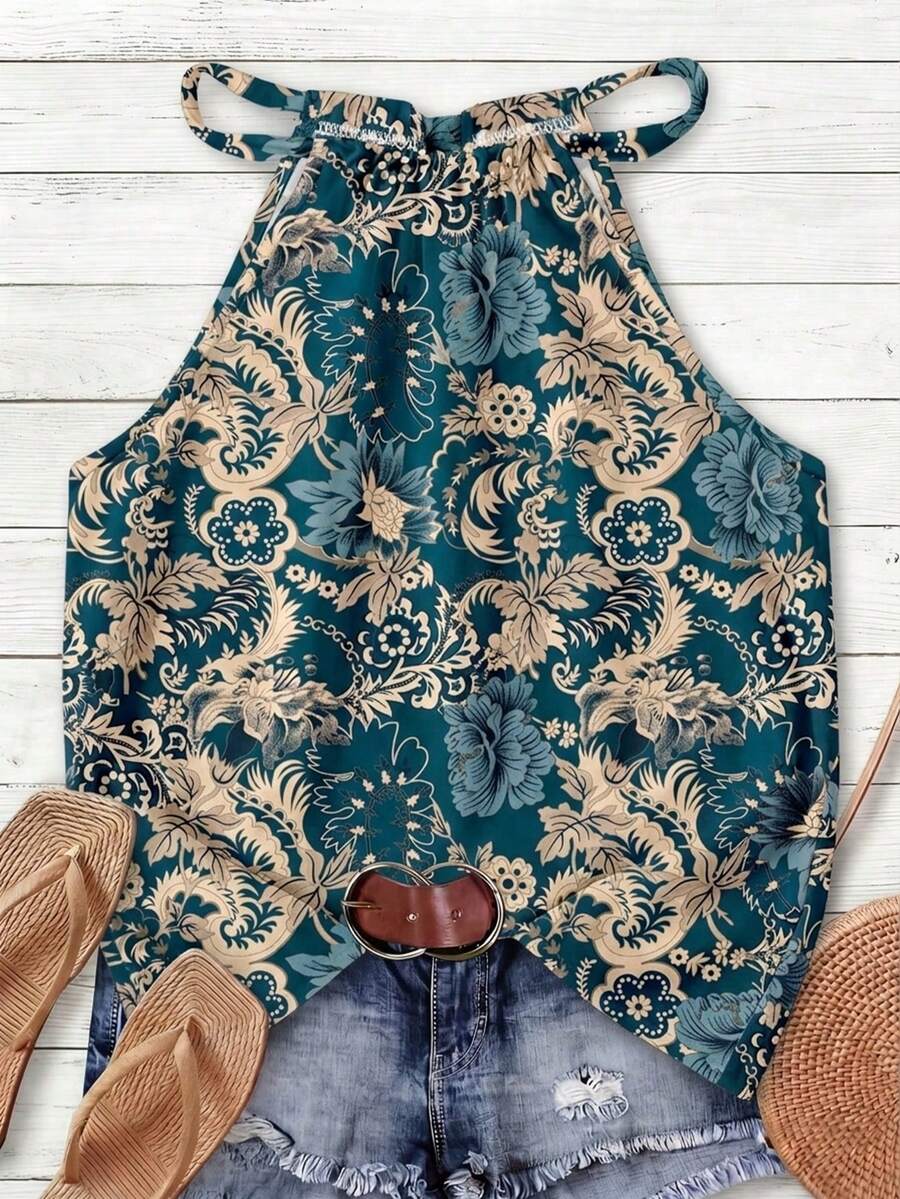 SHEIN LUNE 女款掛脖背心上衣,適合春夏季,復古花卉圖案 - 彩色 - 查看 1