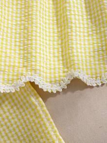 SHEIN Elladie kids 少女黃色與白色格紋圓領無袖上衣與長褲套裝 - 黃色 - 查看 6
